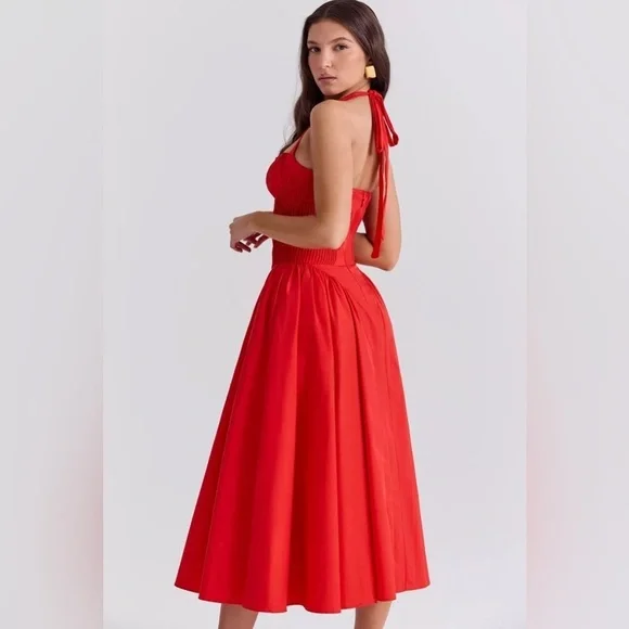 HOUSE OF CB Adabella Italian Tomato Cotton HalterSundress/Size XS - Picture 2 of 8